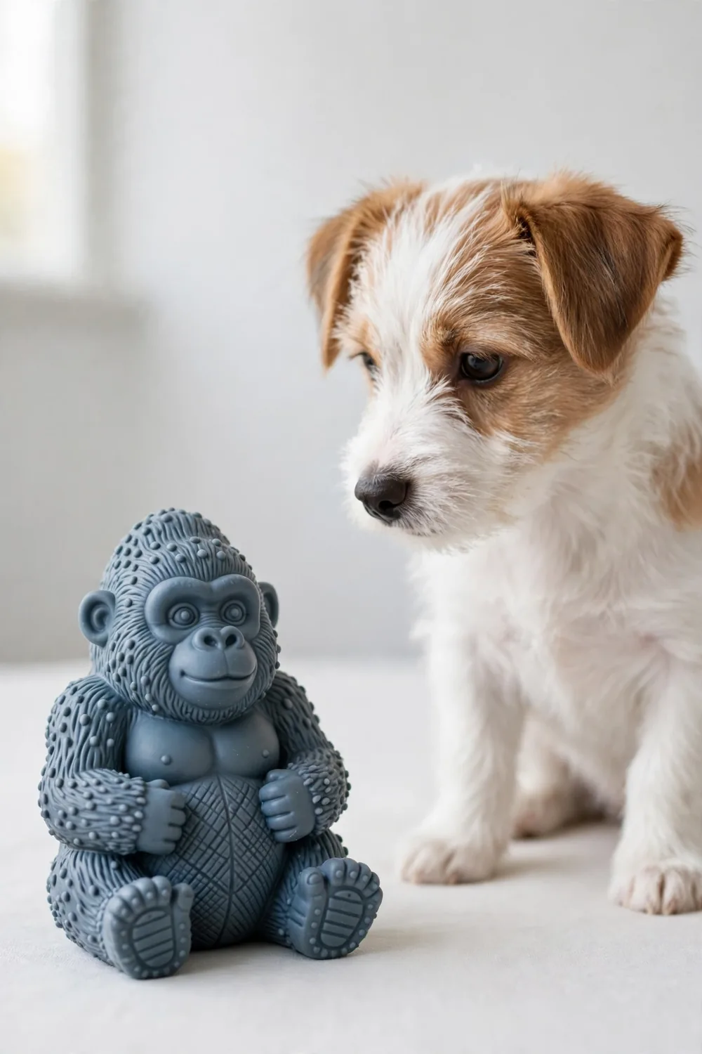 A small gorilla-shaped dental chew toy for dogs with a textured tread design
