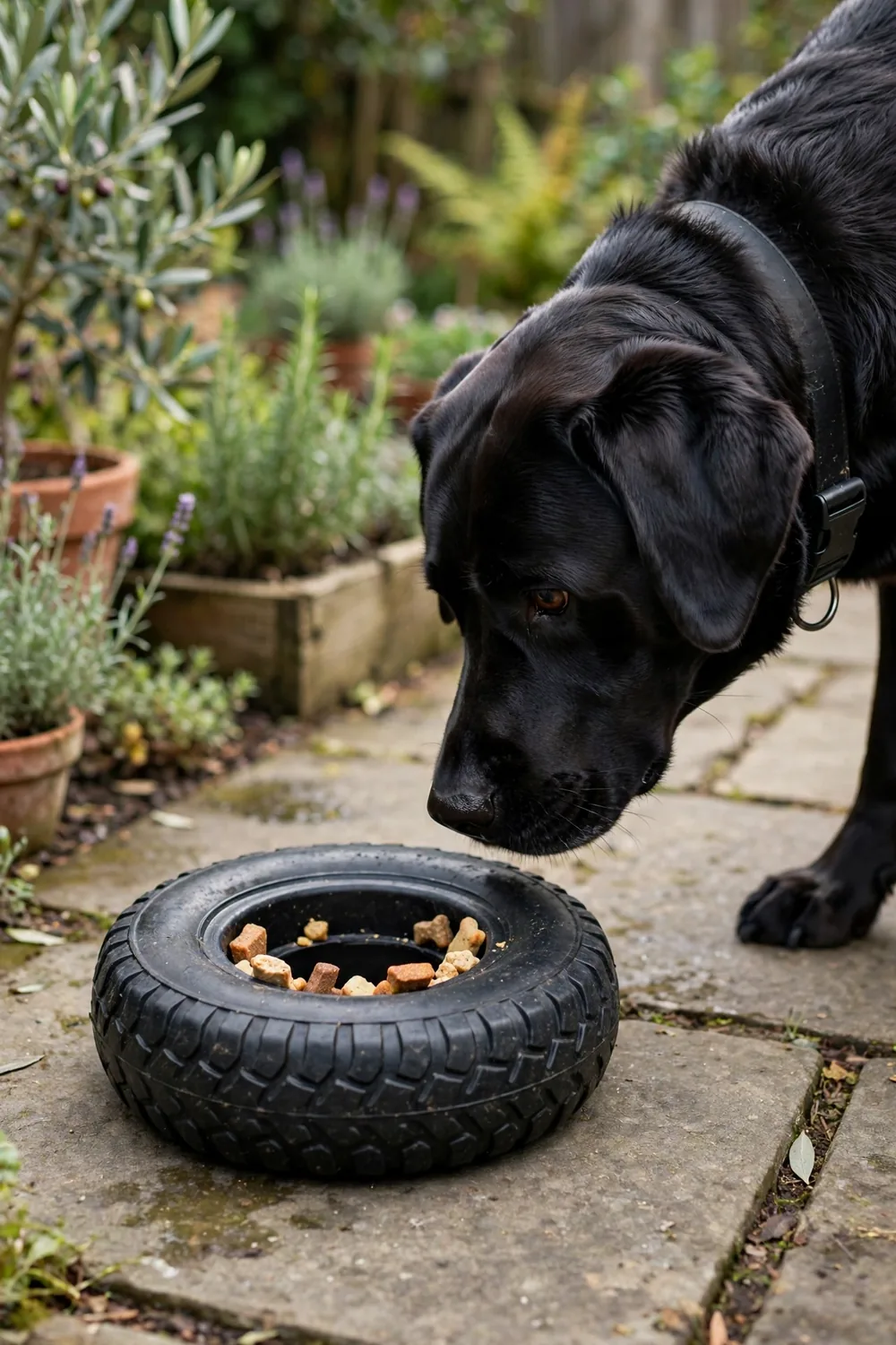 A black rubber tire-shaped dog toy with treats tucked into its inner rim