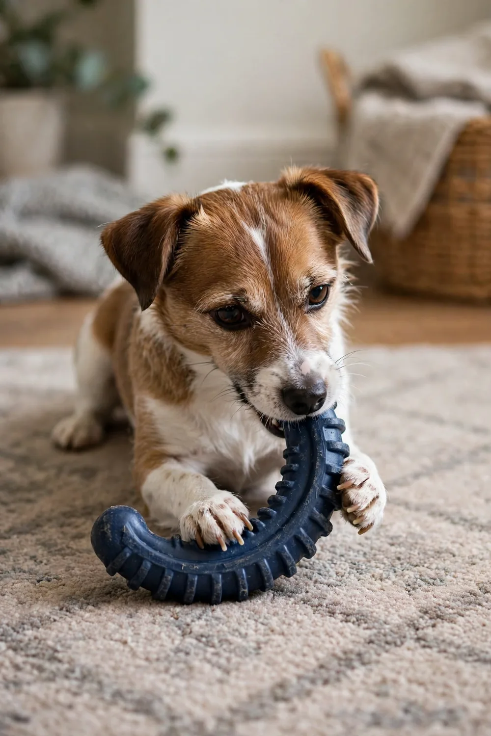 A tough nylon dog chew toy with an easy-grip shape being chewed by a small dog