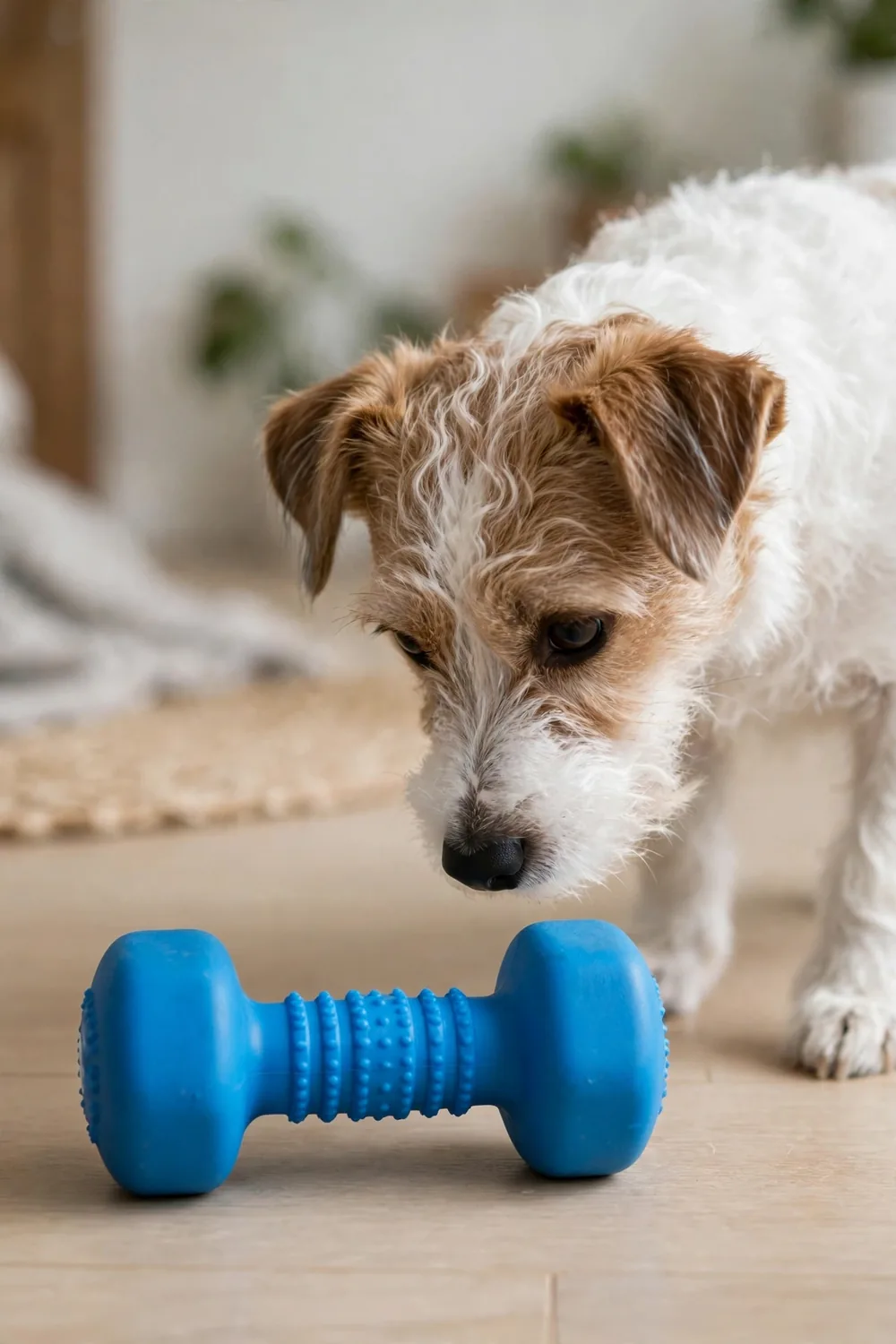 A bright blue dumbbell-shaped dental chew toy for a small dog on a floor