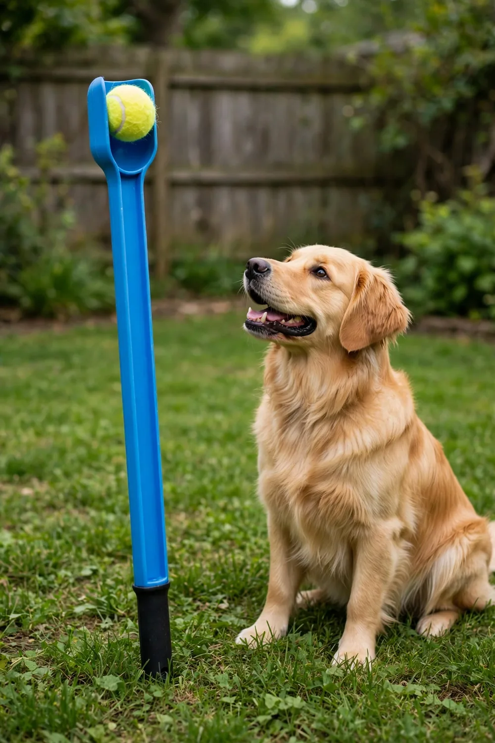 A dog ball launcher with a tennis-style ball in a grassy backyard, a dog waiting eagerly