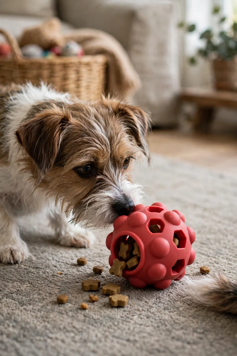 A red squishy treat-dispenser puzzle ball for dogs on a living room carpet