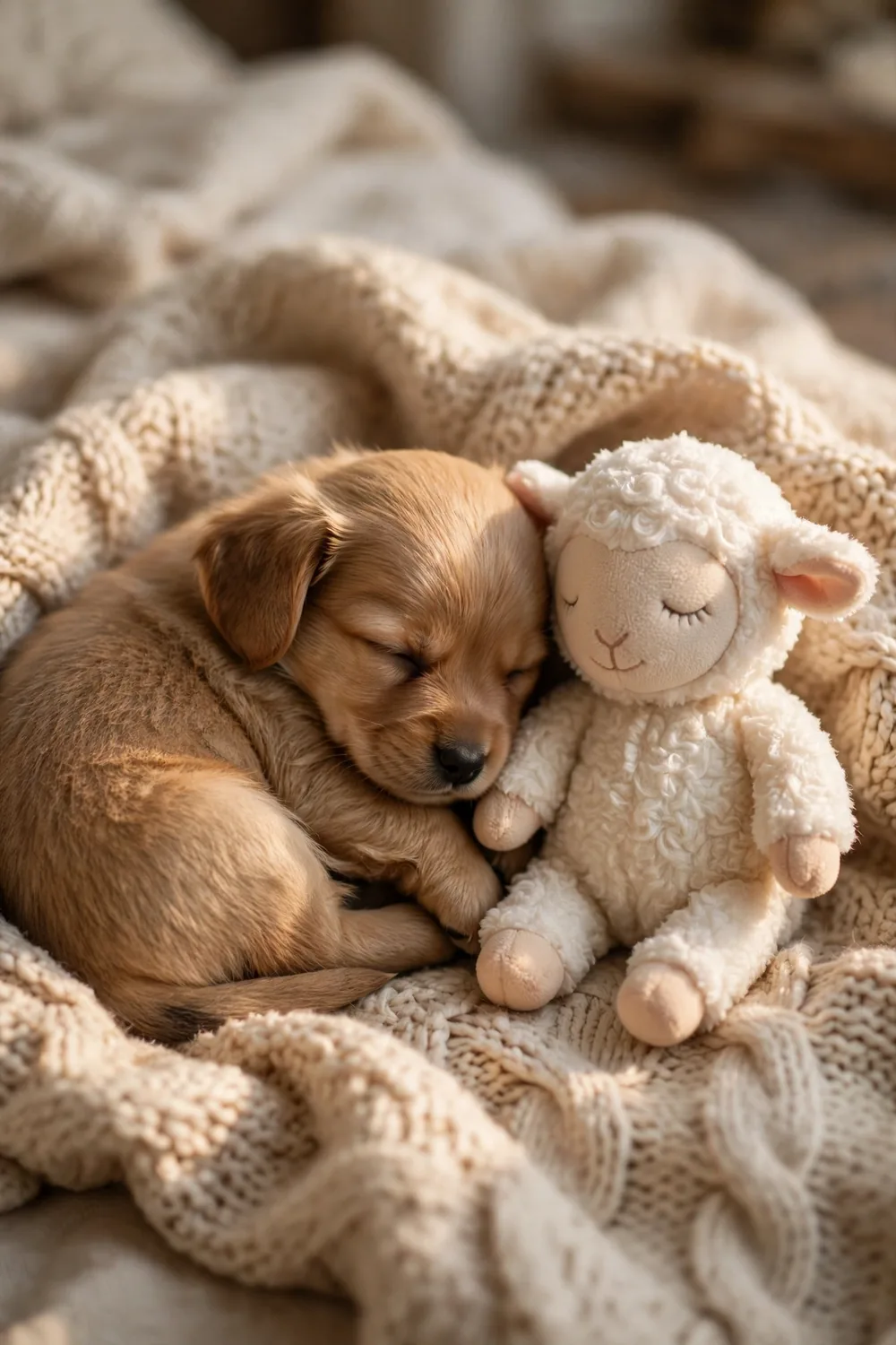 A small soft lamb plush dog toy resting beside a tiny puppy on a blanket