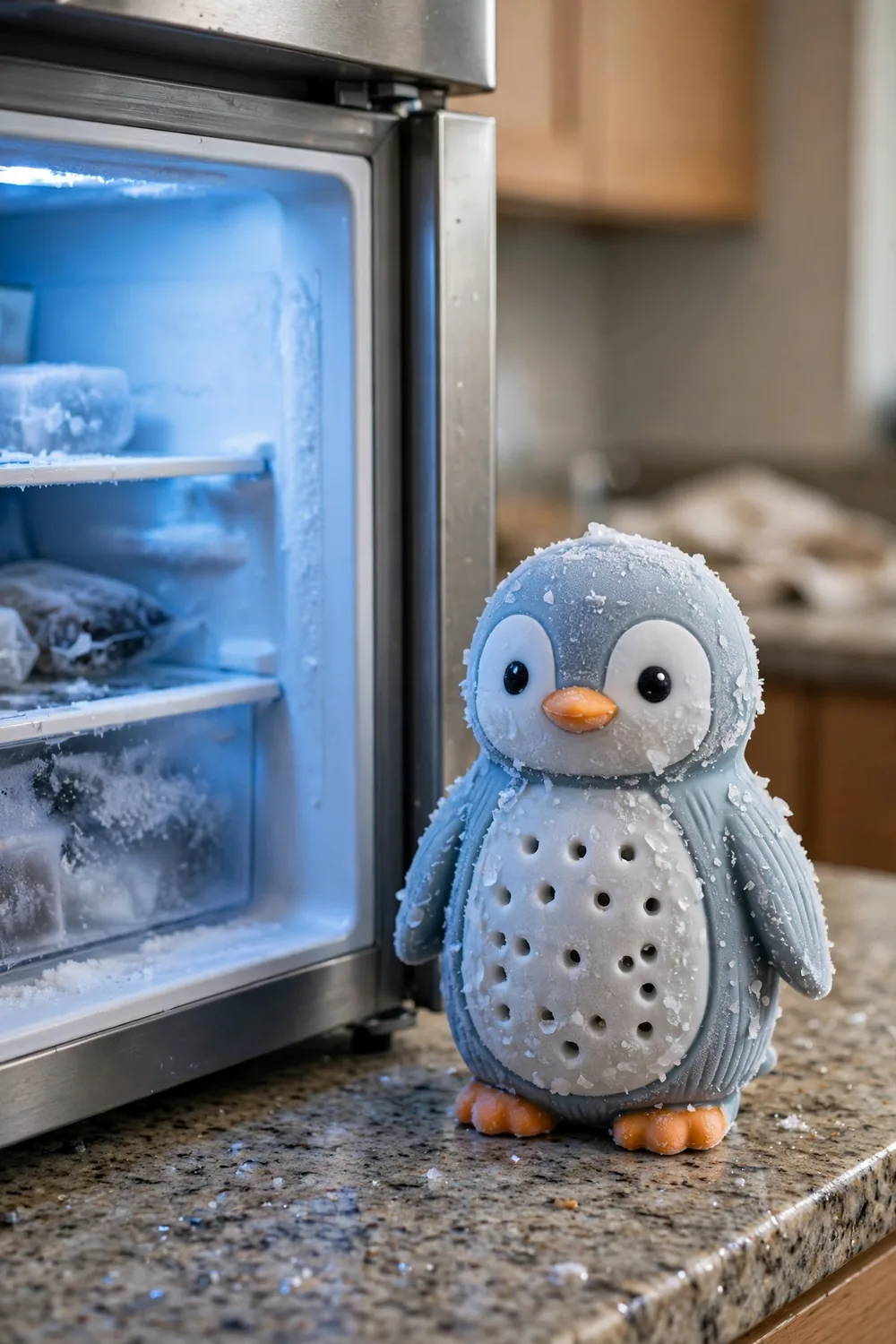 A penguin-shaped freezable treat holder dog toy fresh from the freezer with frost on it