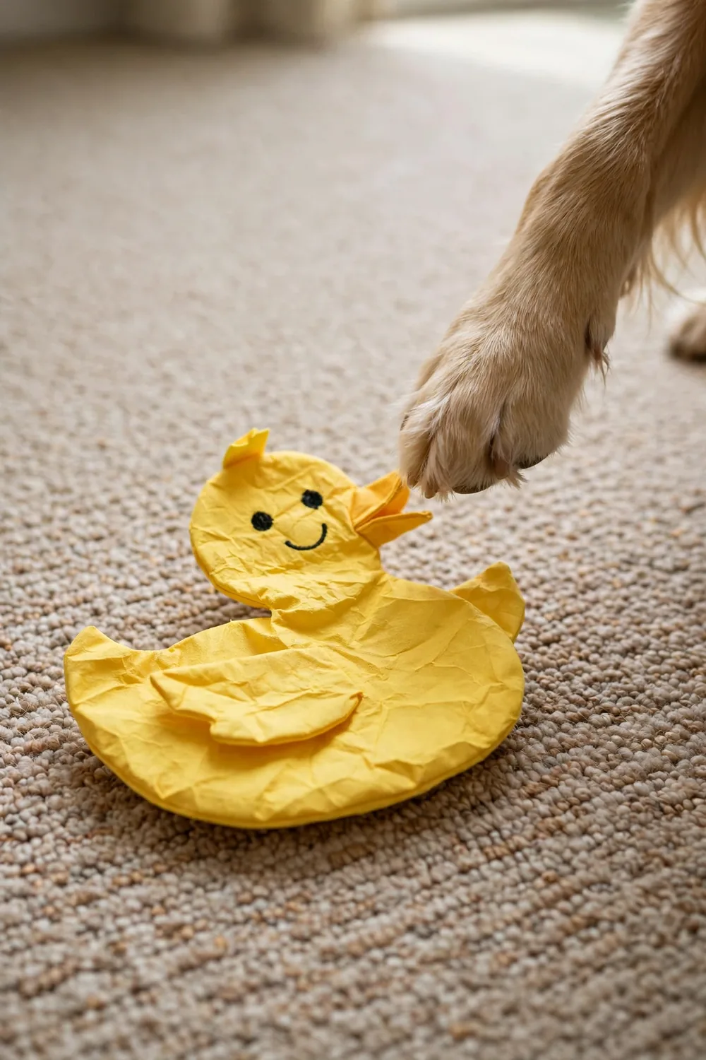 A yellow stuffing-free crinkle duck squeaky dog toy on a carpet with a dog pawing it