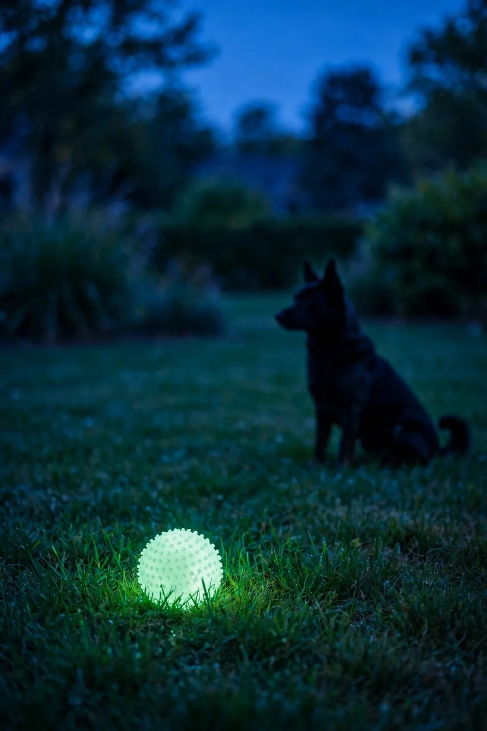 A glow-in-the-dark dog ball glowing softly on a lawn at dusk