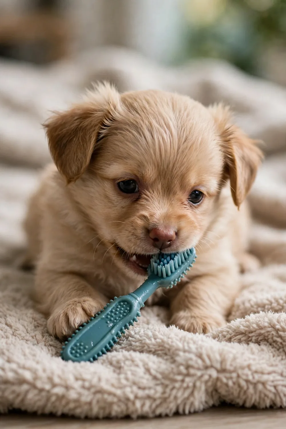 A small rubber toothbrush-style teething and tooth-cleaning squeaky toy for a puppy