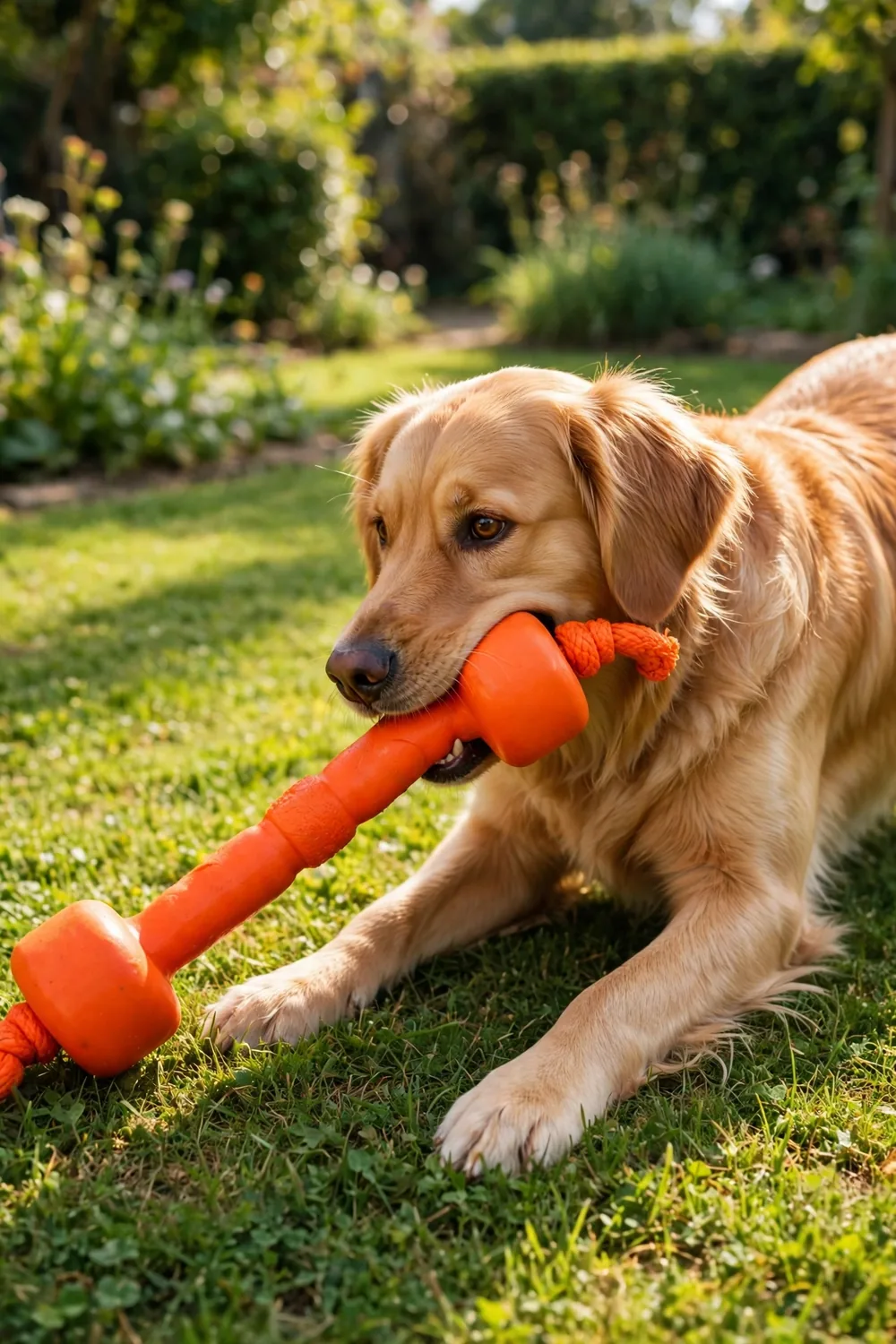 An orange bumper tug dog toy being tugged playfully by a dog in a garden
