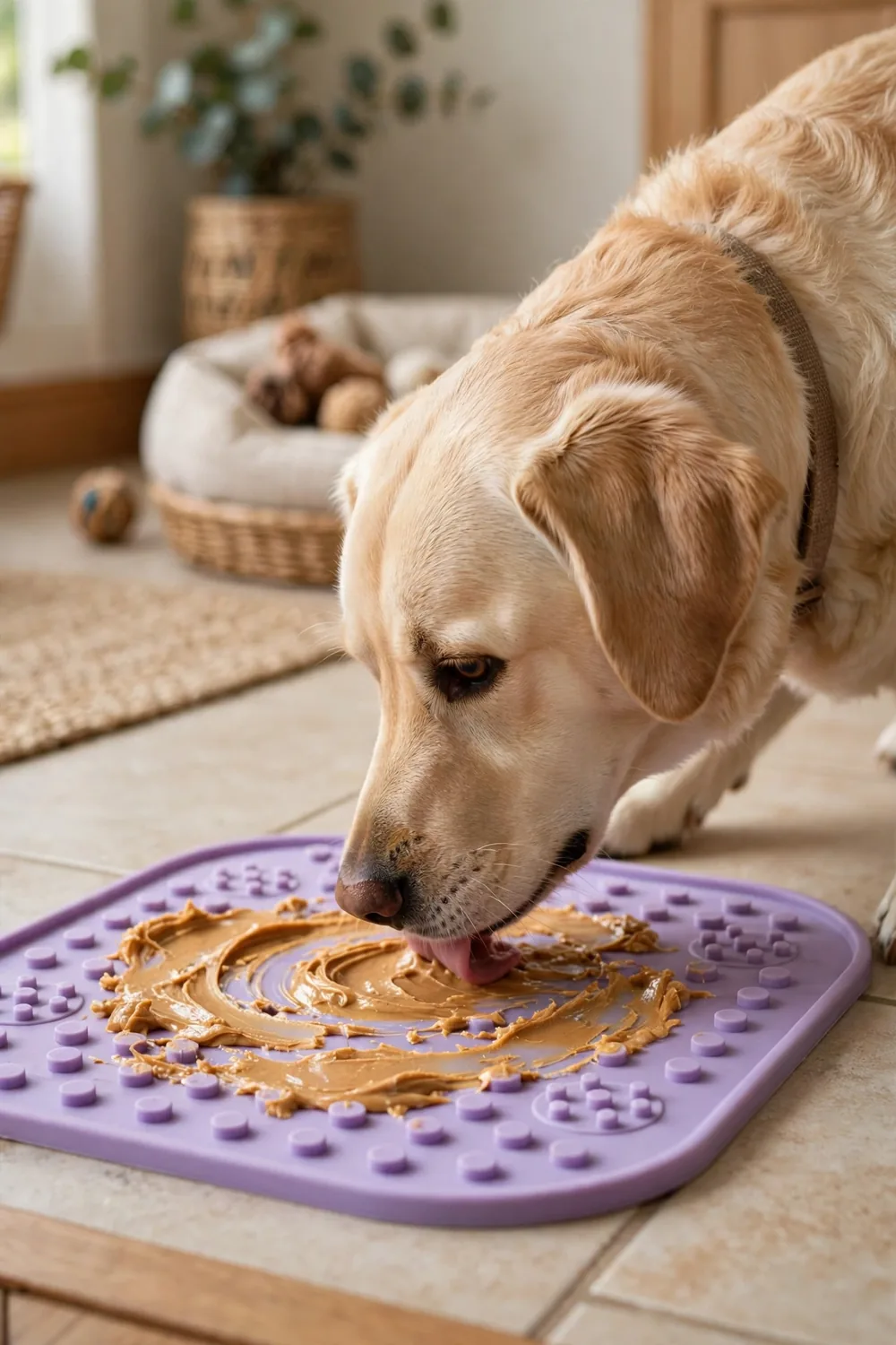 A lavender silicone lick mat for dogs spread with peanut butter, a dog licking it calmly