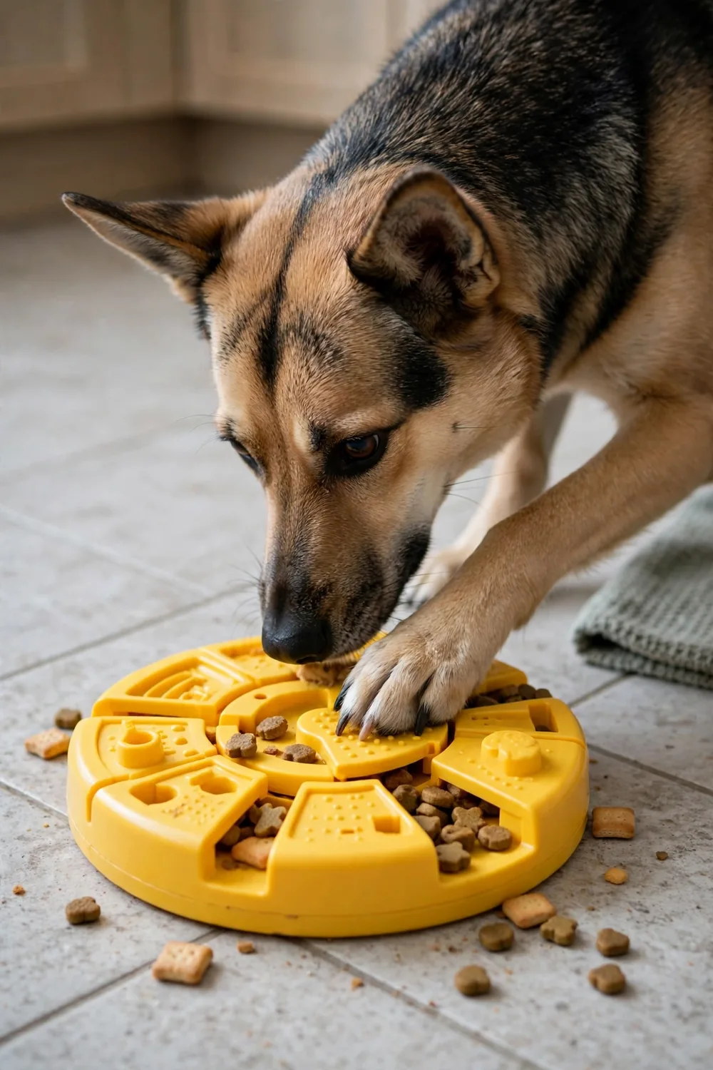 A yellow interactive puzzle slow feeder dog toy with treats inside, a clever dog working it