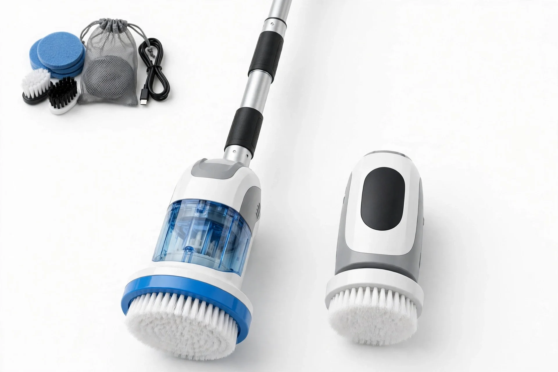 White and grey electric spin scrubber with a long silver telescoping handle, blue section and round white brush head, with blue pads, brushes, mesh bag and charging cable