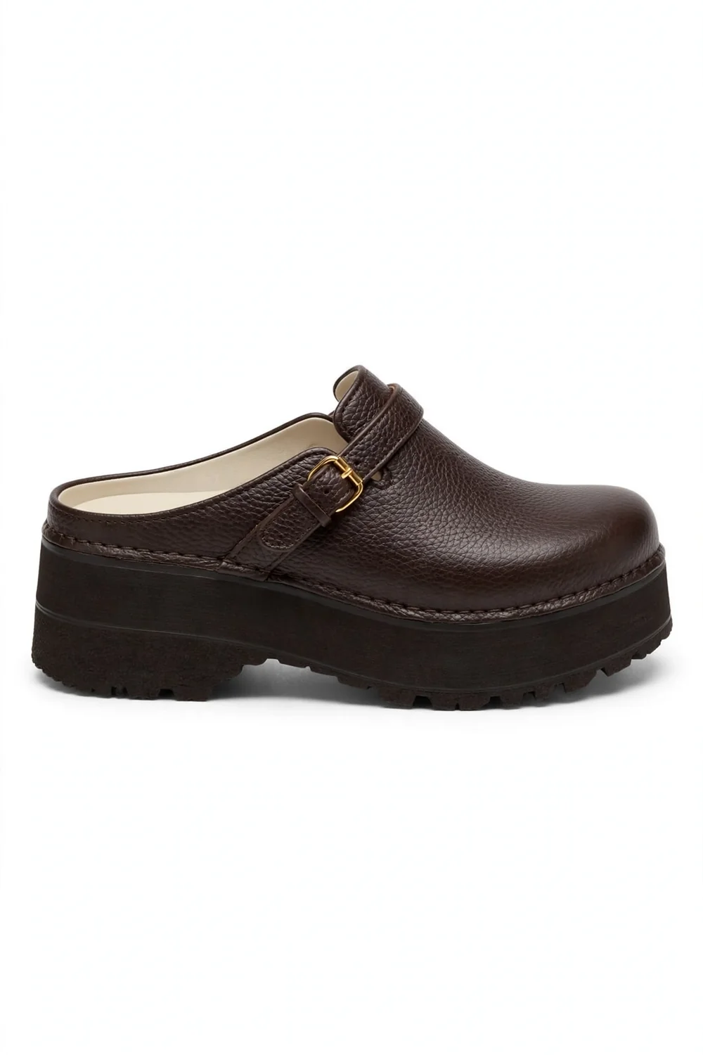 Single dark-brown platform clog in side view with a thick dark sole, textured strap and gold-tone buckle
