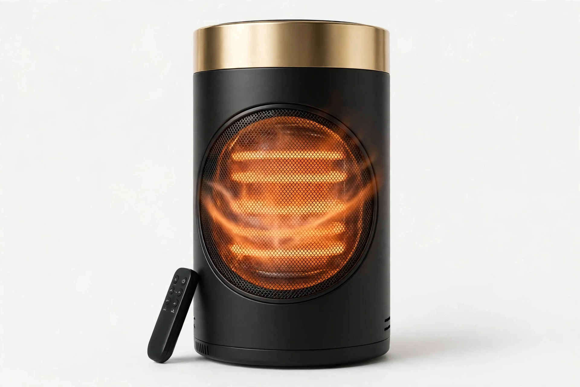 Cylindrical black space heater with a gold champagne top band, an orange glowing mesh front with heat-wave styling, and a small black remote leaning at its left