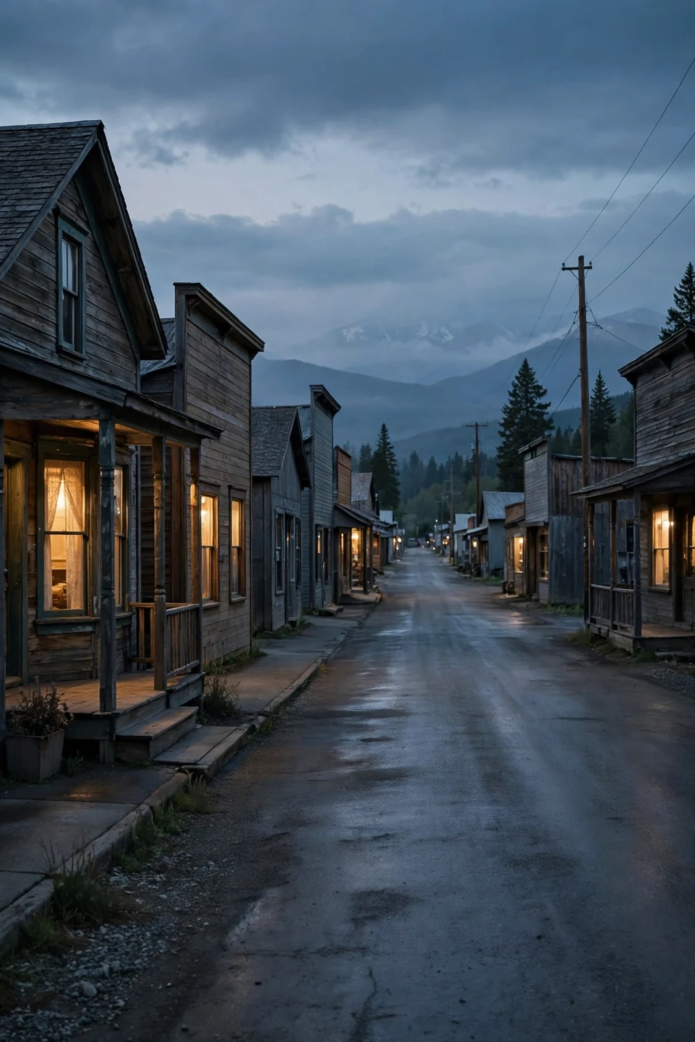 A quiet small-town American street at dusk