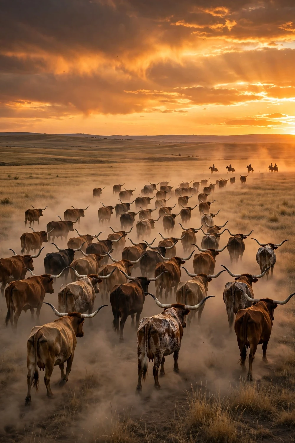 A cattle drive crossing a plain at sunset with cowboys on horseback