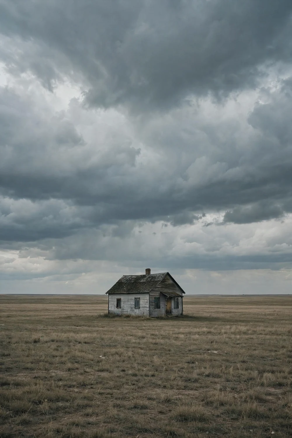 An isolated farmhouse on a vast prairie under a huge sky