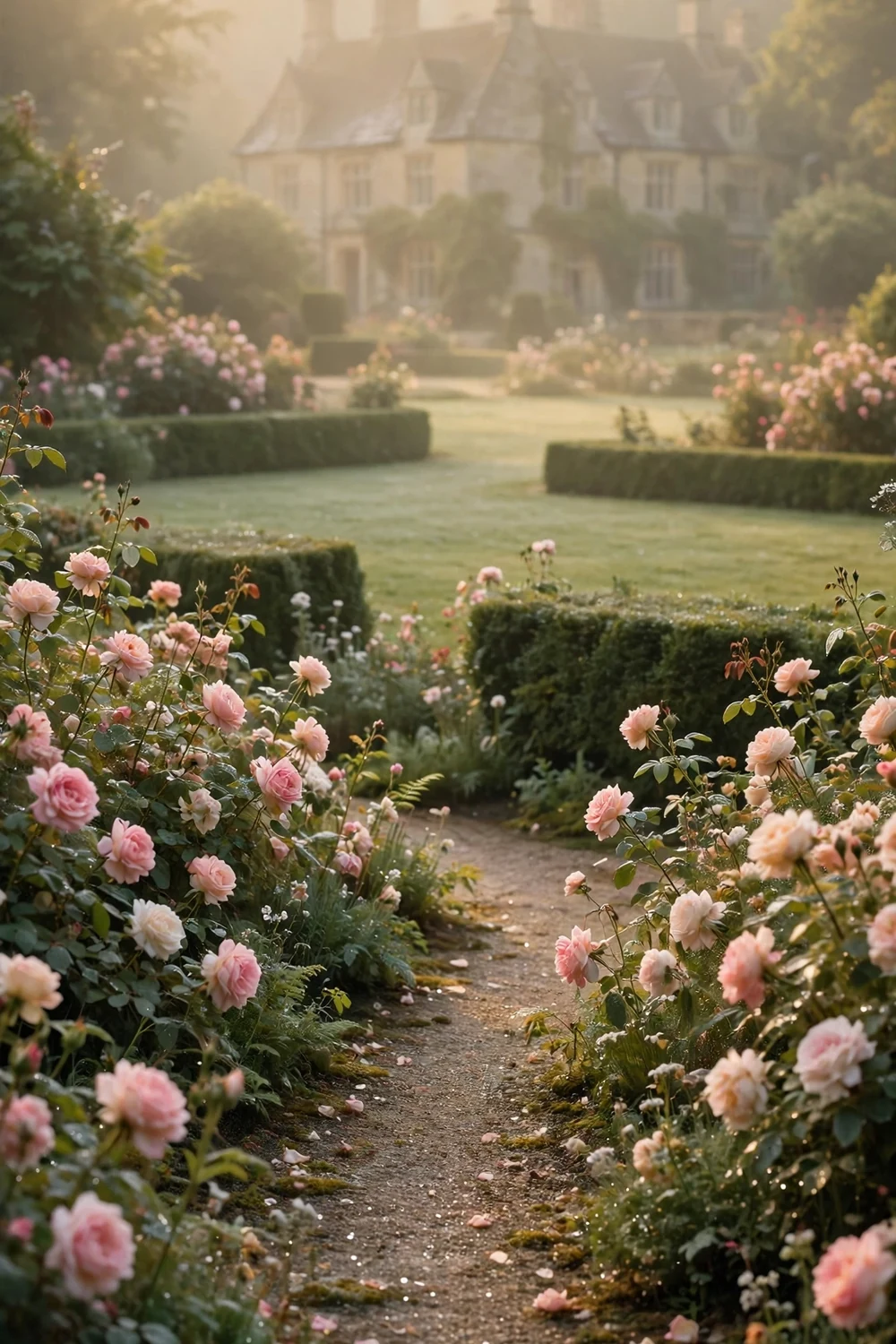 An English country estate garden in soft morning light