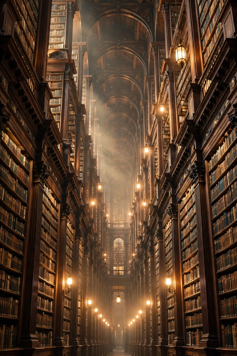 A vast magical library hall with endless shelves