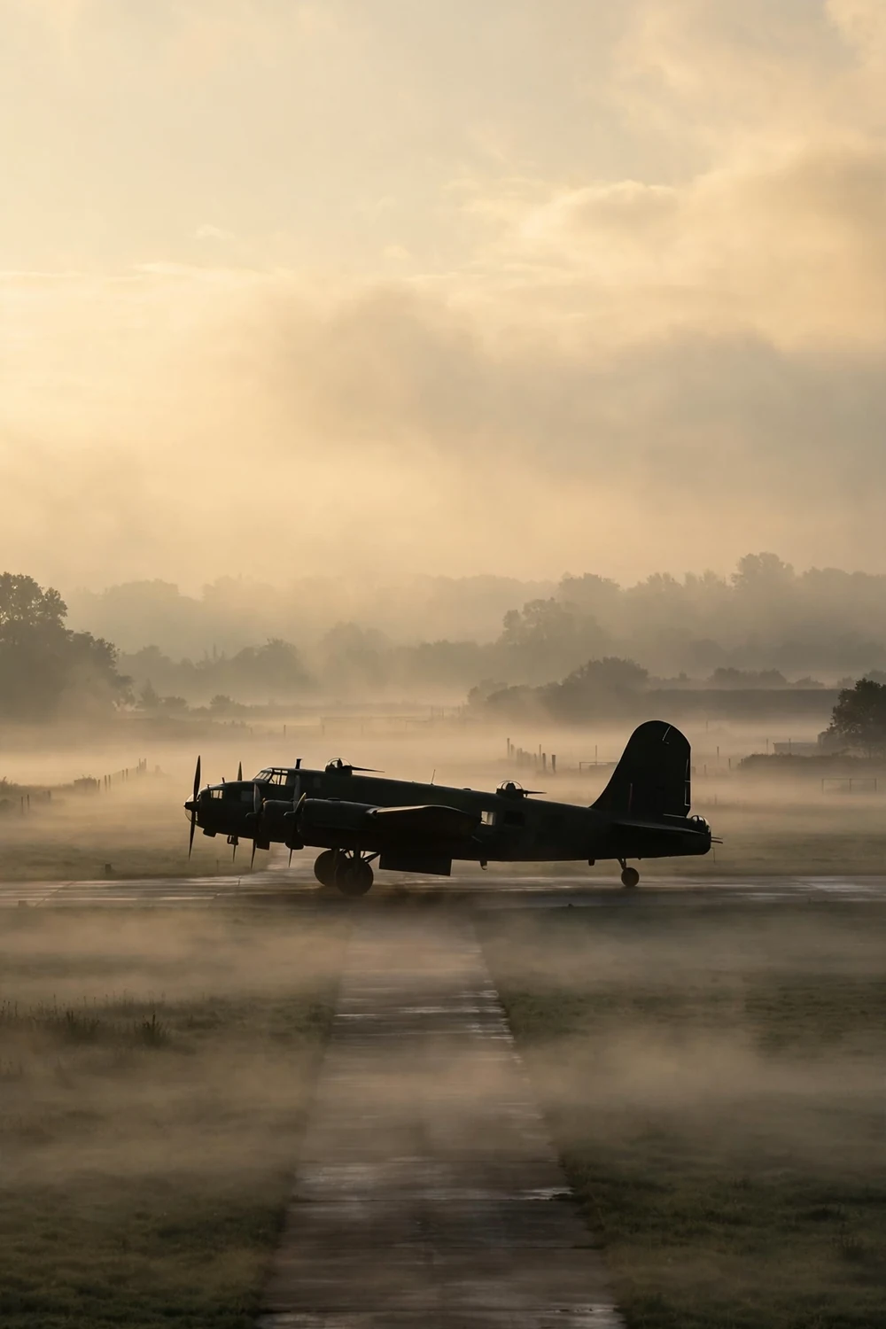 A World War II airfield with a vintage bomber at dawn