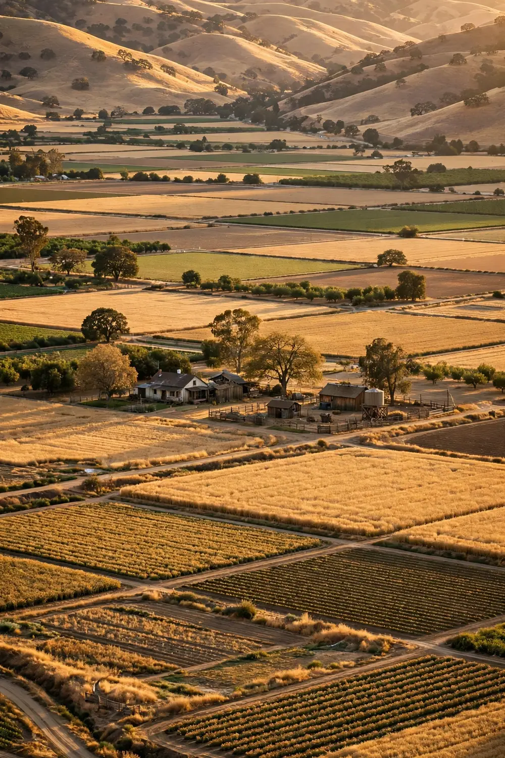 Golden California farmland in the Salinas Valley with a farmhouse