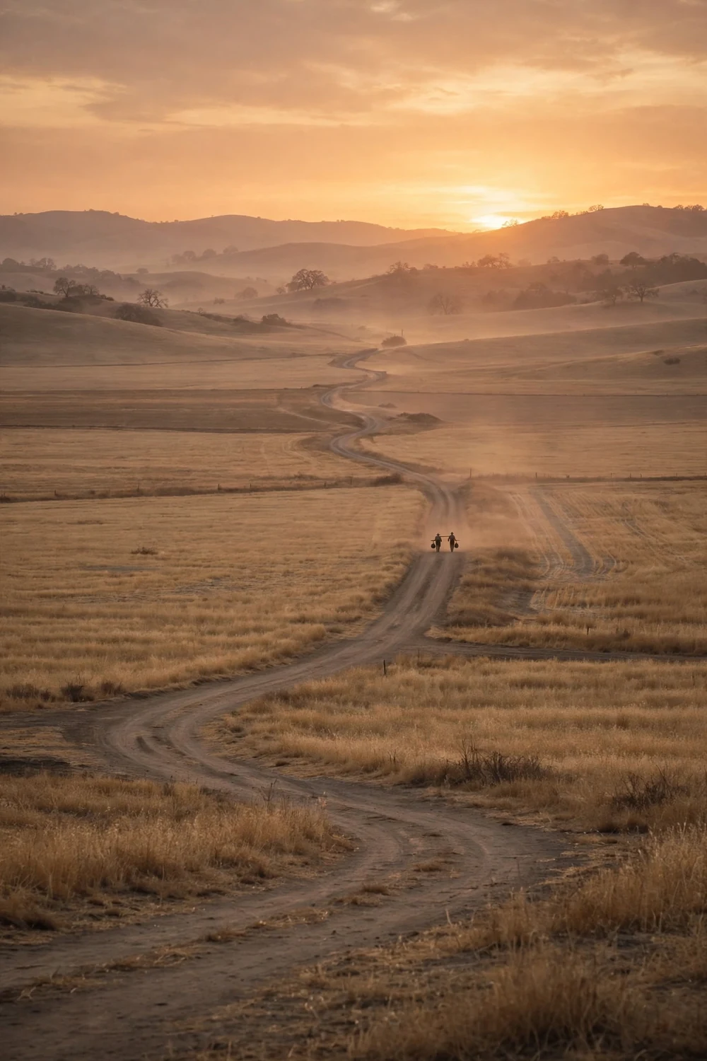 Two figures walking a dusty ranch road at sunset, seen from far away