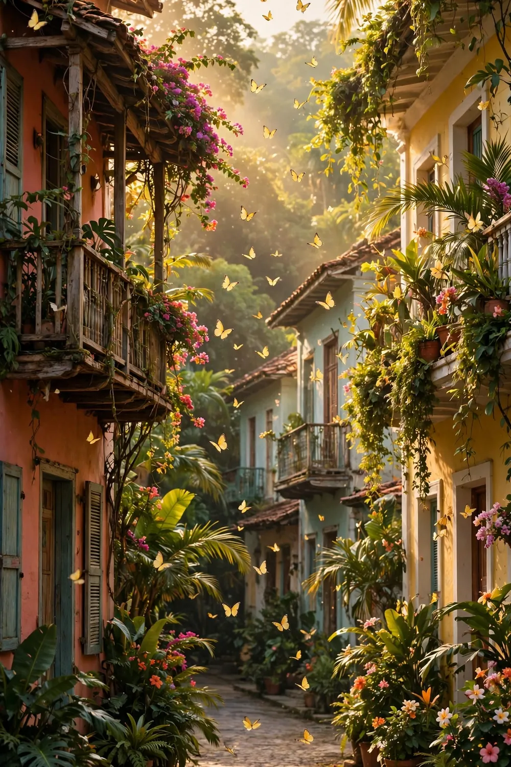 A tropical town street with yellow butterflies drifting in the air