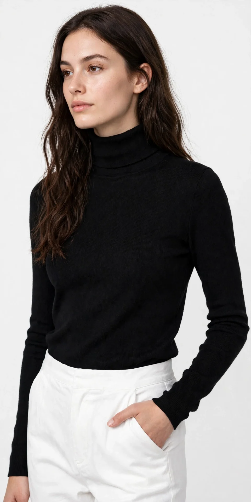 Black long-sleeve turtleneck sweater worn with white trousers, hand in pocket