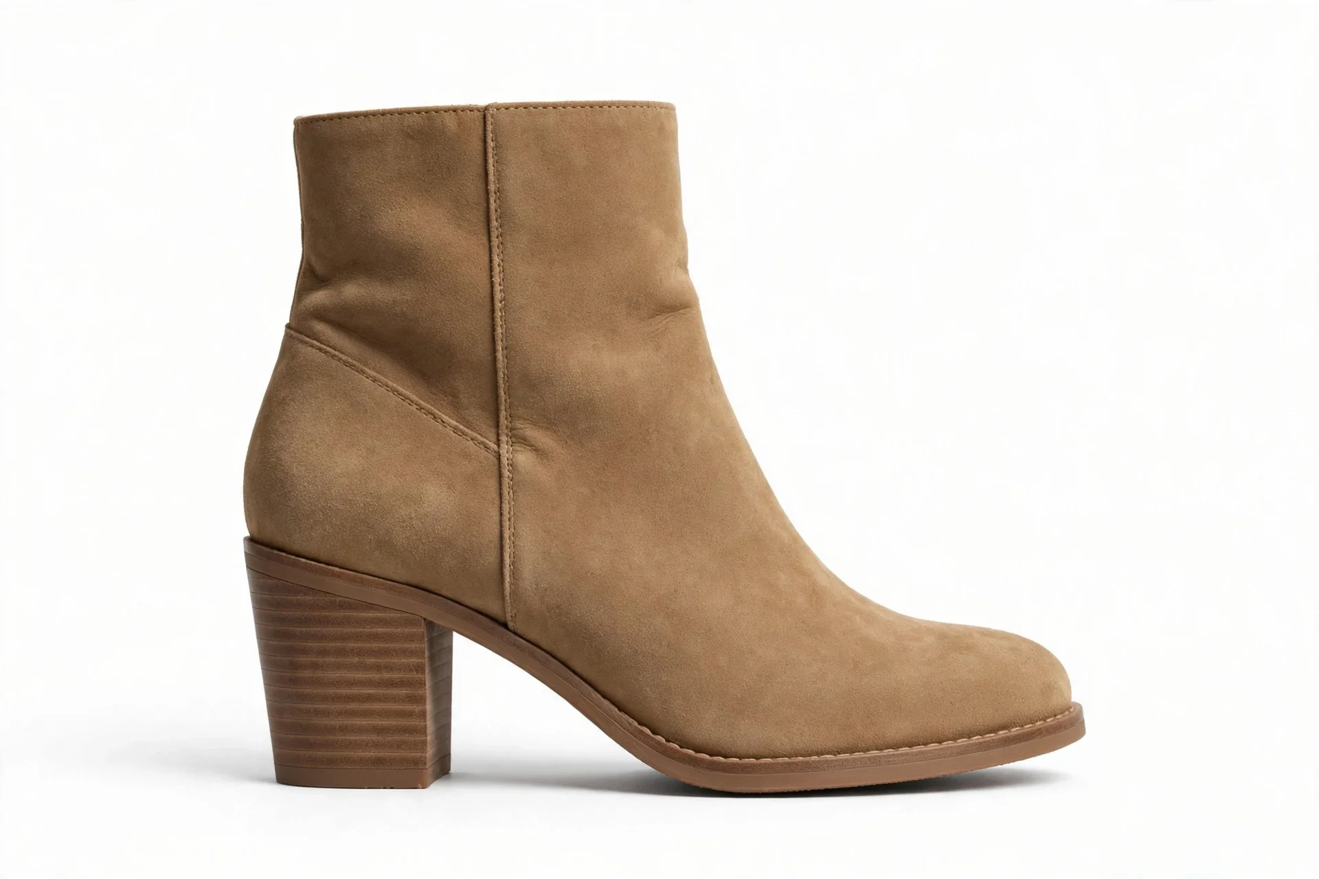 Single tan light-brown suede ankle bootie with a stacked block heel, side view