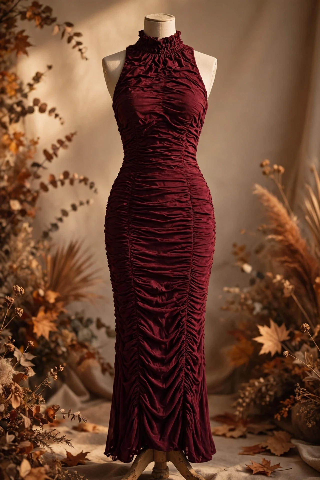 A Ruched High-Neck Bodycon Dress