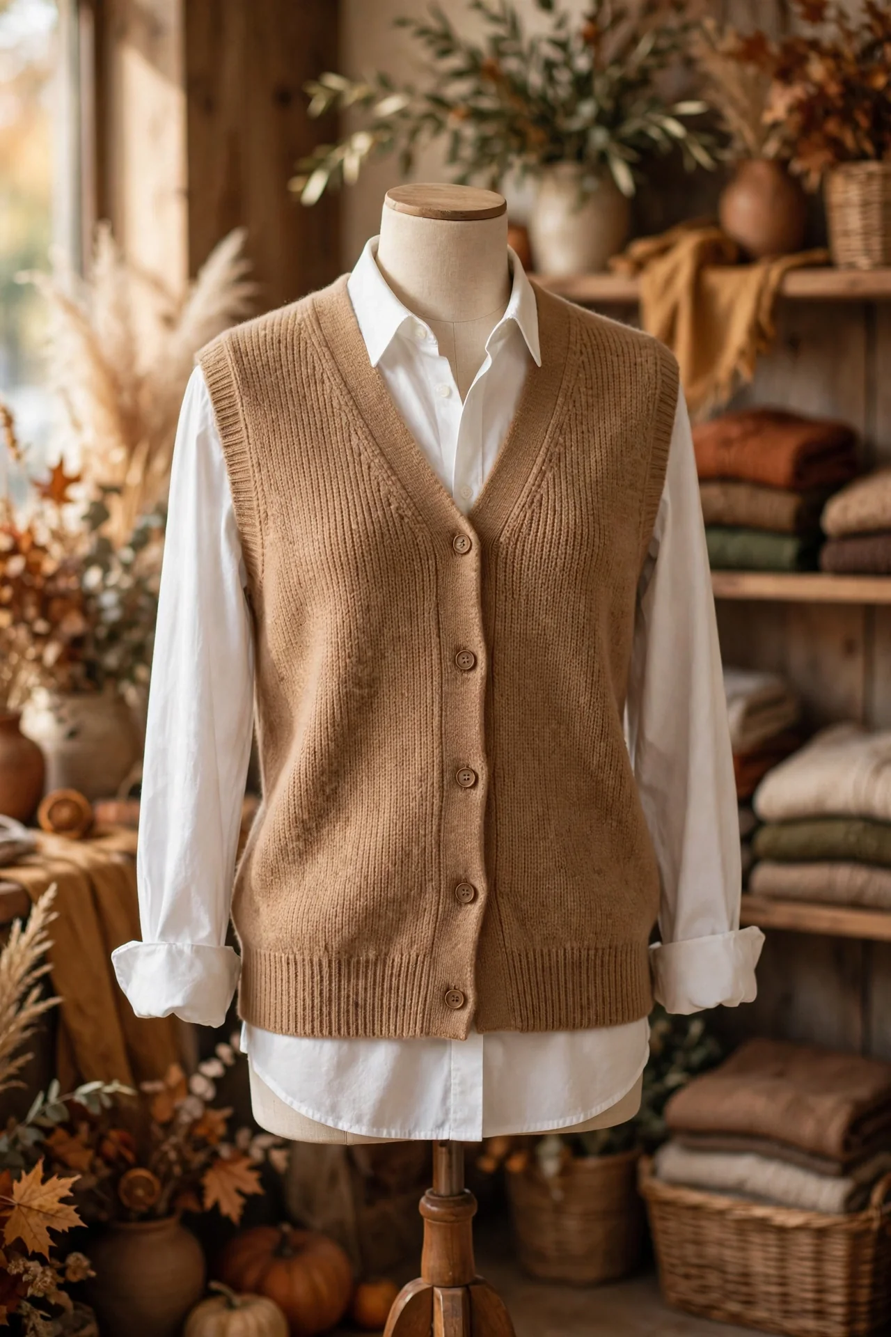 A Sleeveless Button-Up Sweater Vest