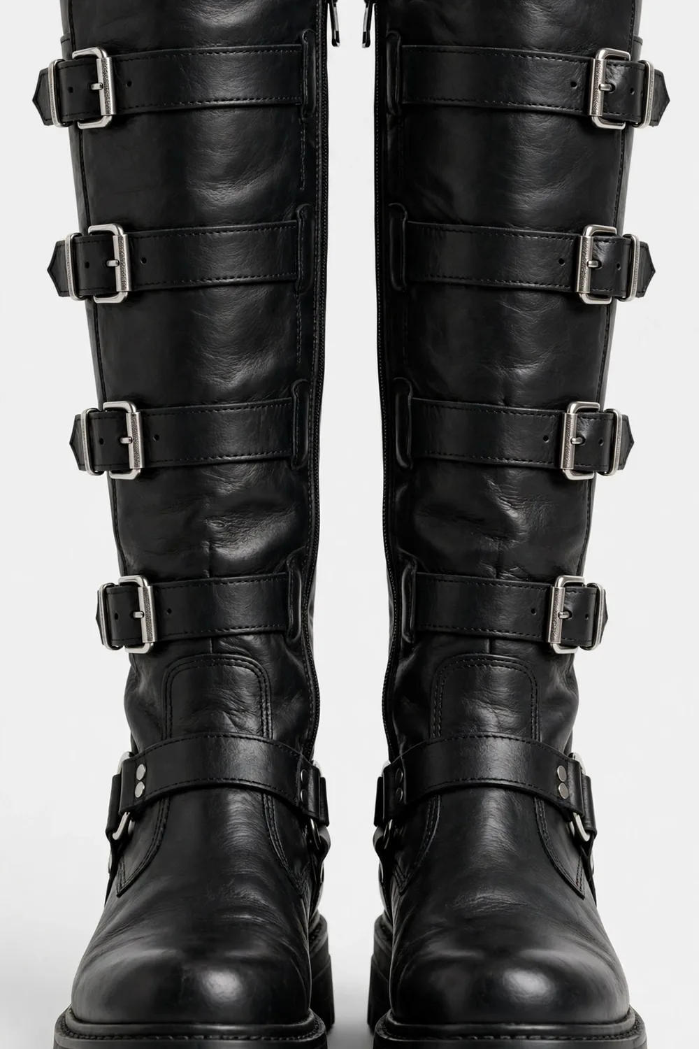 Knee-High Buckled Biker Boots