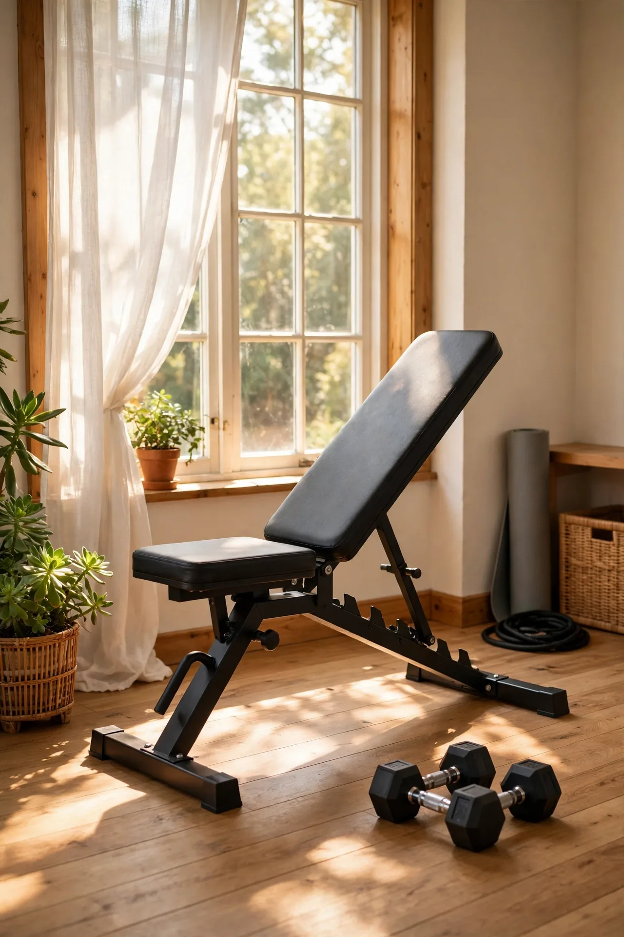 Adjustable weight bench set up in a bright home gym corner