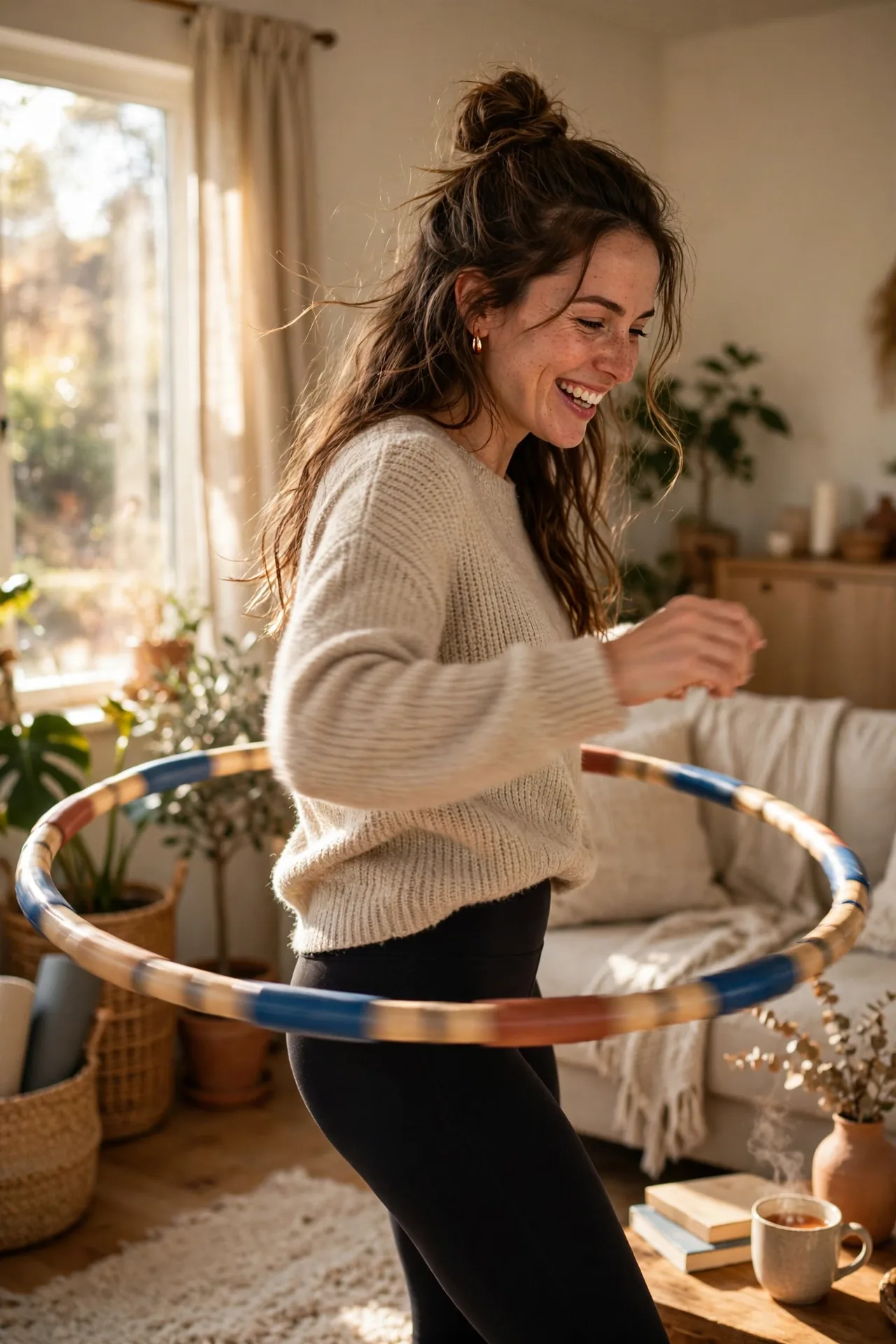 Woman using a weighted hula hoop in her living room