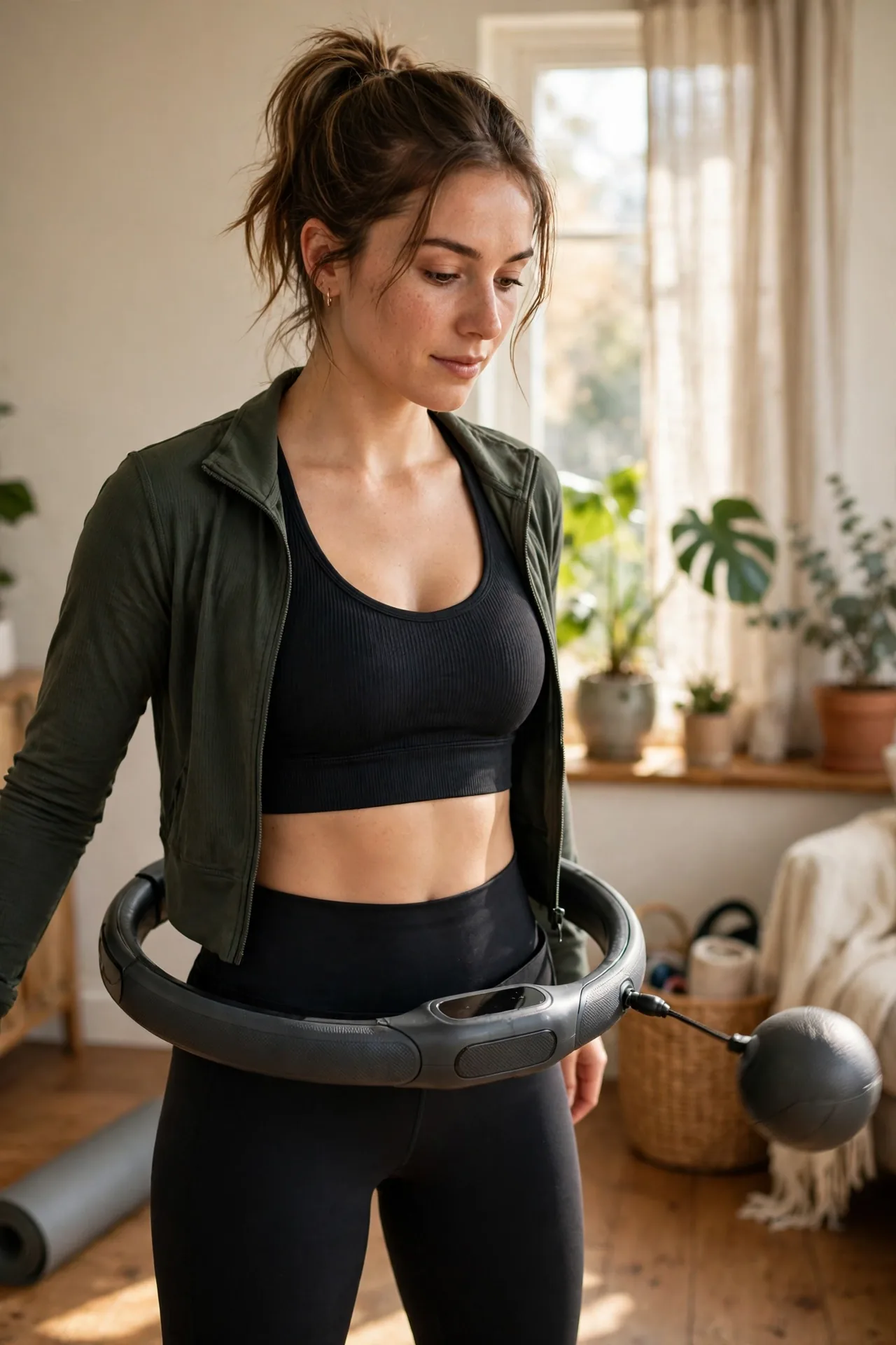 Smart weighted hoop with a swinging ball being used around the waist