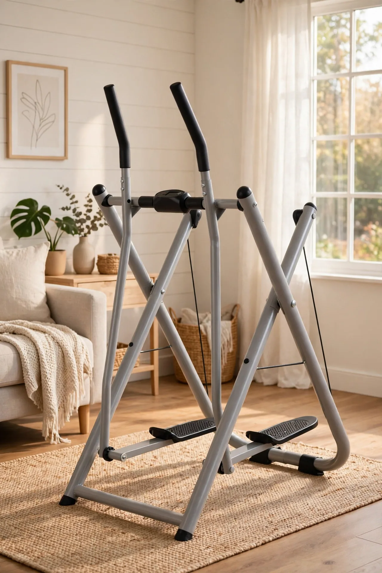 Foldable air walker elliptical glider machine in a home