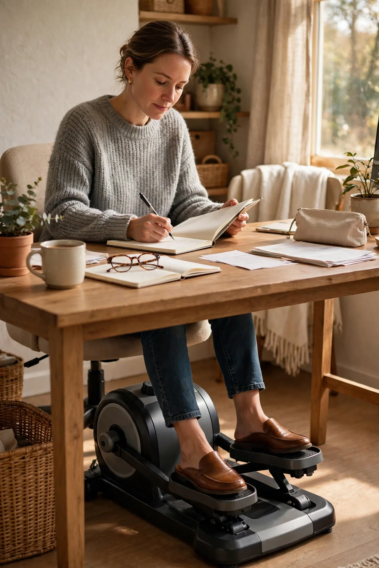 Compact seated pedal elliptical being used under a desk