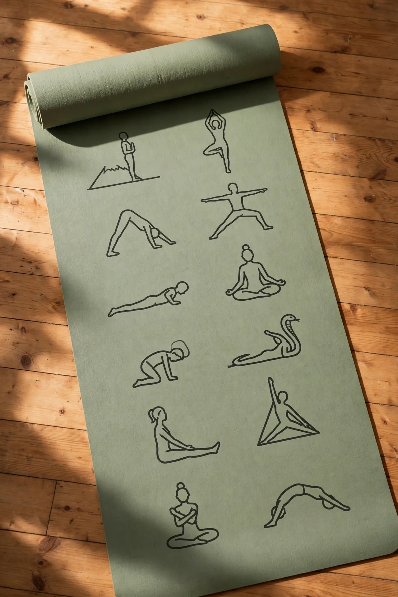 Thick yoga mat with yoga poses printed on its surface