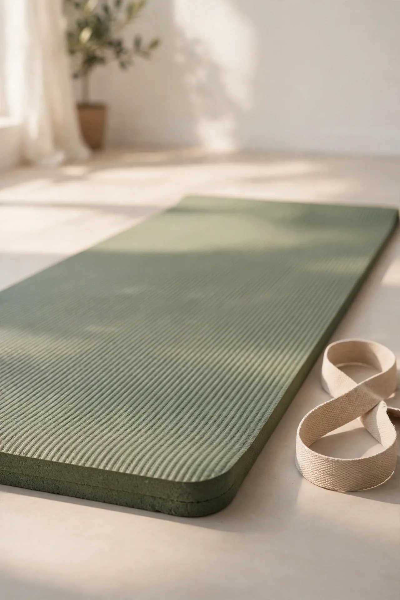 Extra thick yoga mat with a ribbed texture and carrying strap
