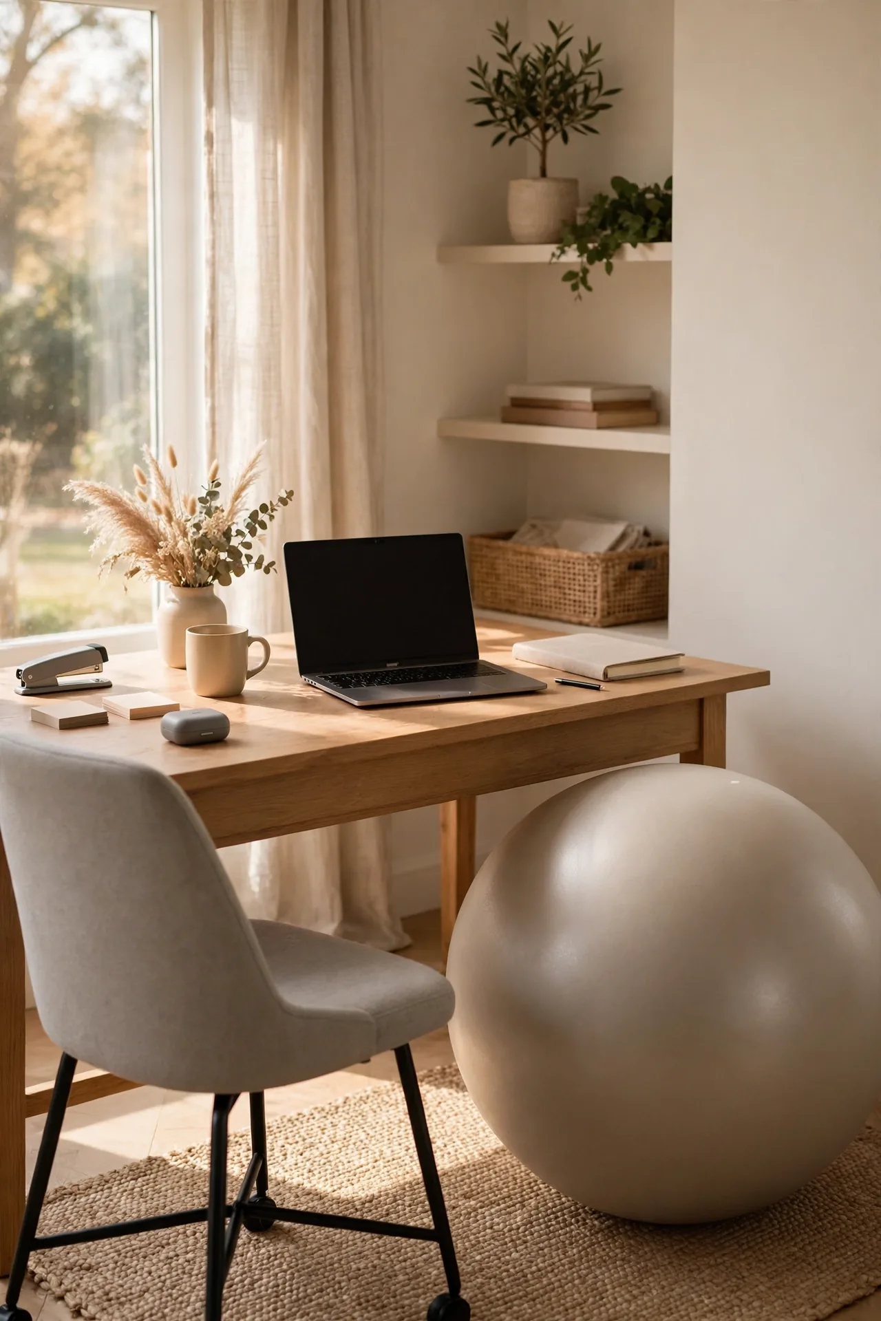 Large exercise stability ball beside a home office desk