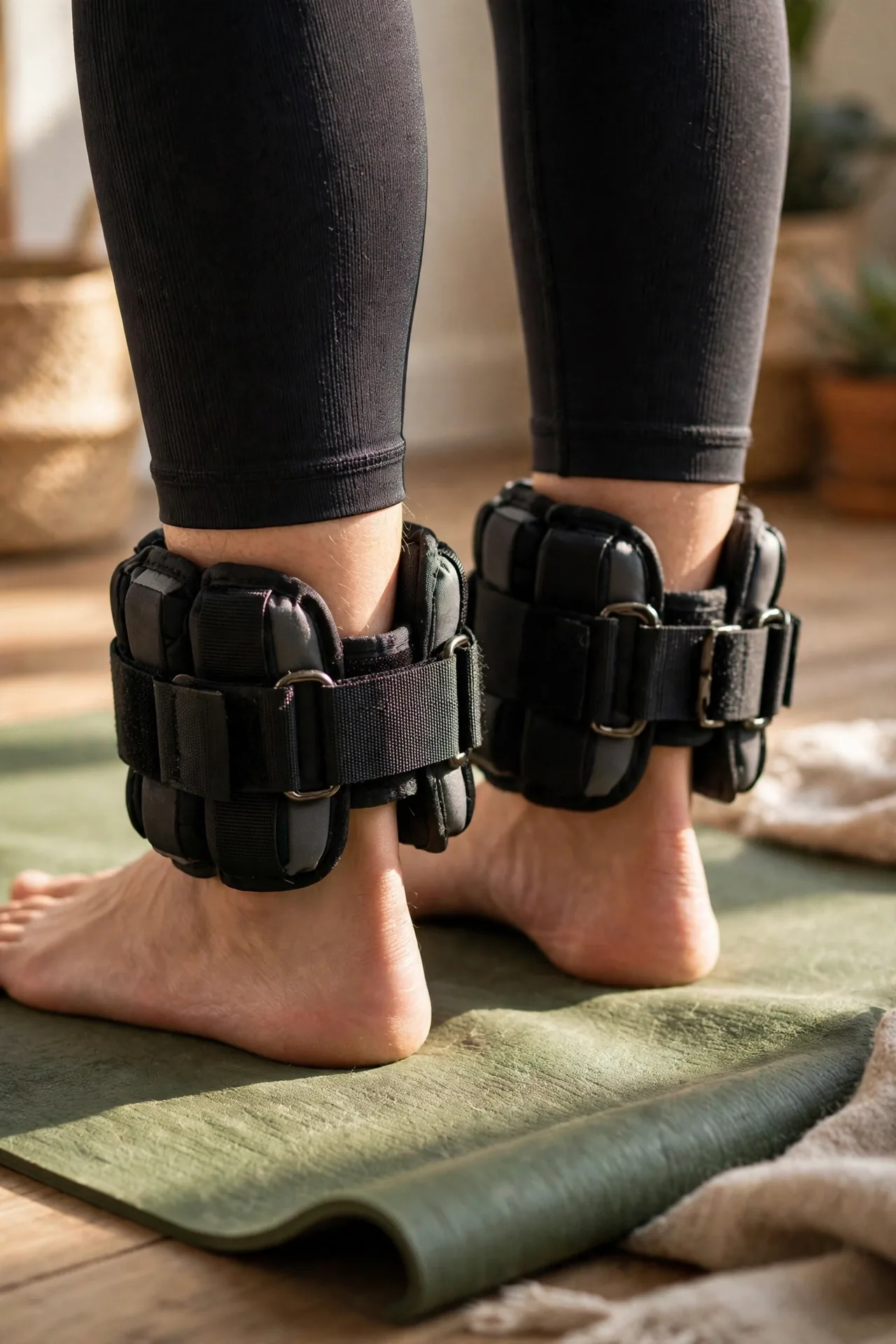 Adjustable ankle weights strapped on during a home workout