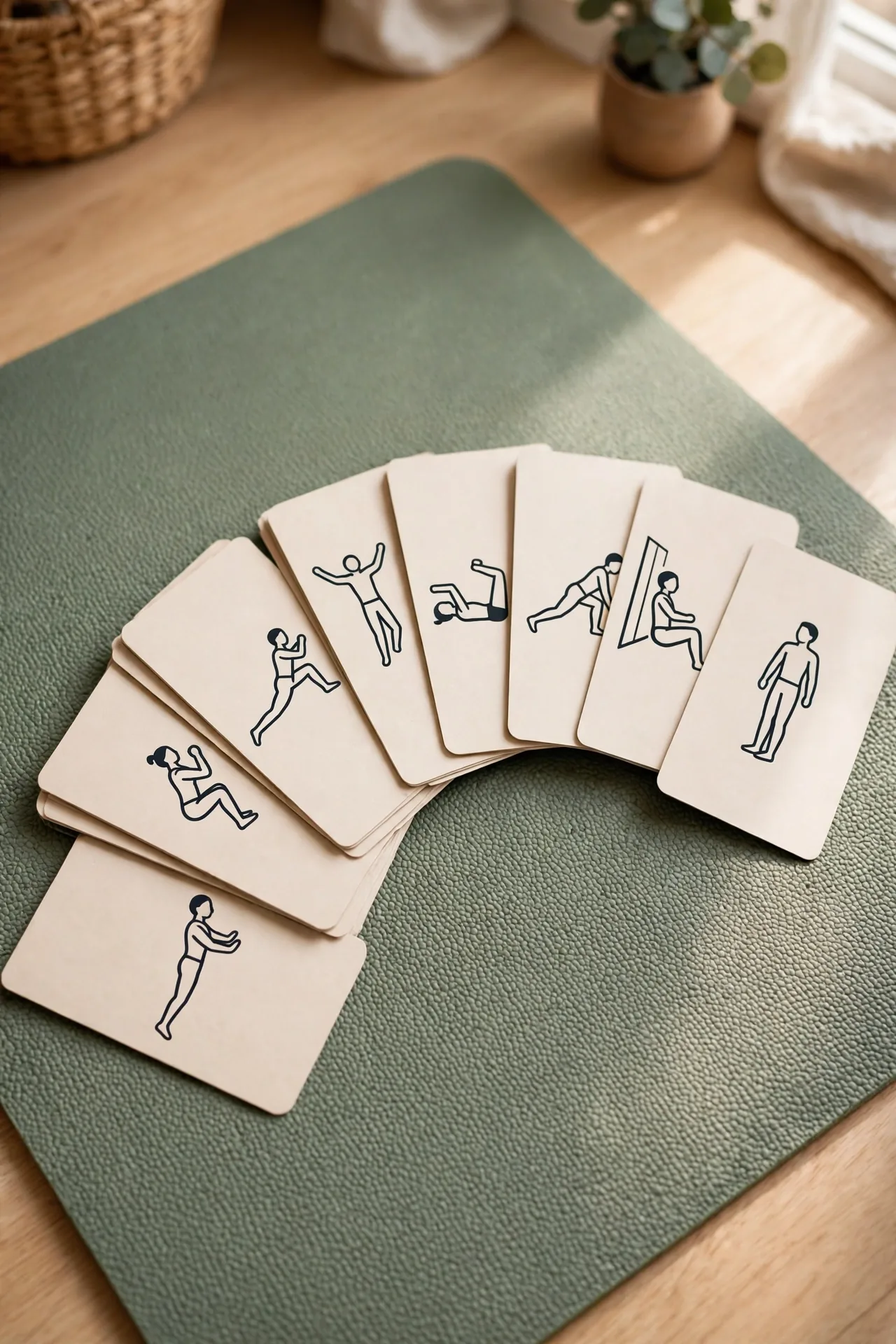 Deck of bodyweight exercise cards fanned out on a mat