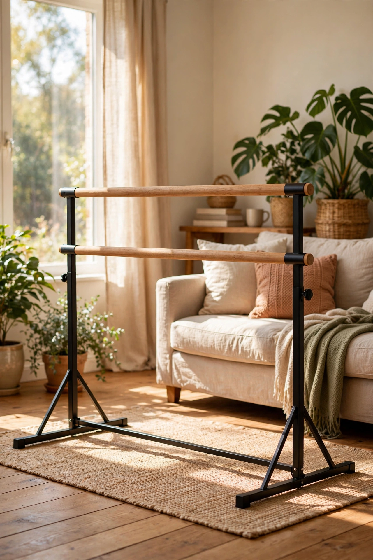Portable folding barre standing in a living room