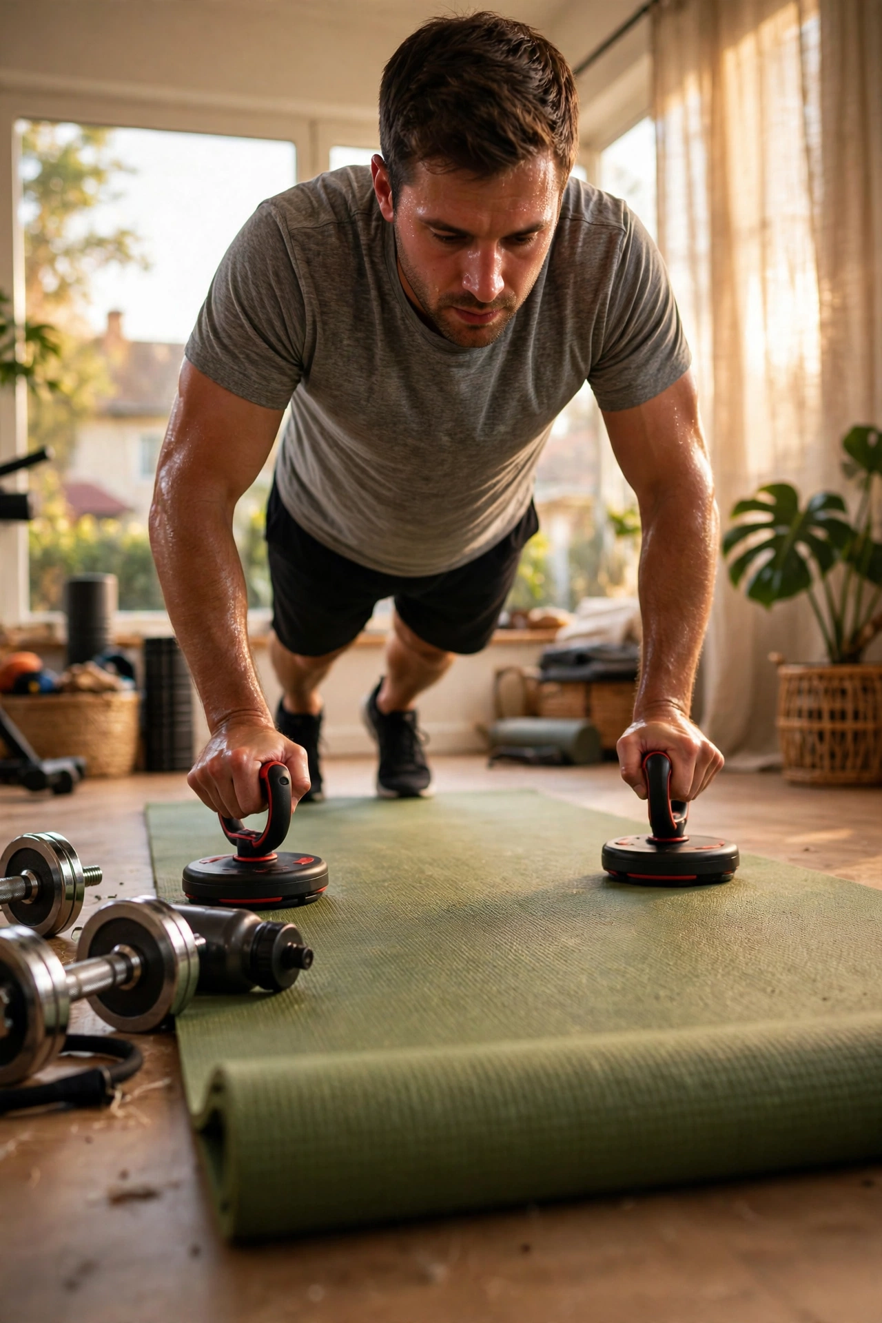Rotating push-up handles being used on a home gym floor