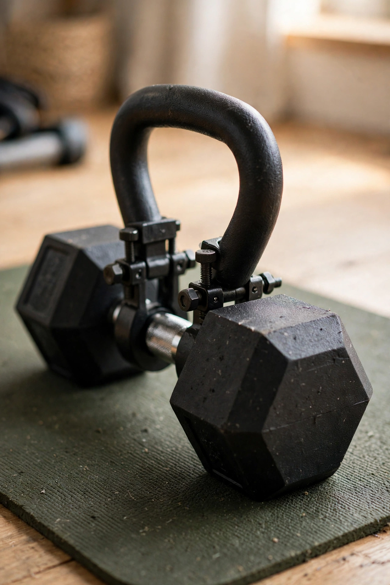 Handle attachment clamped onto a dumbbell to form a kettlebell
