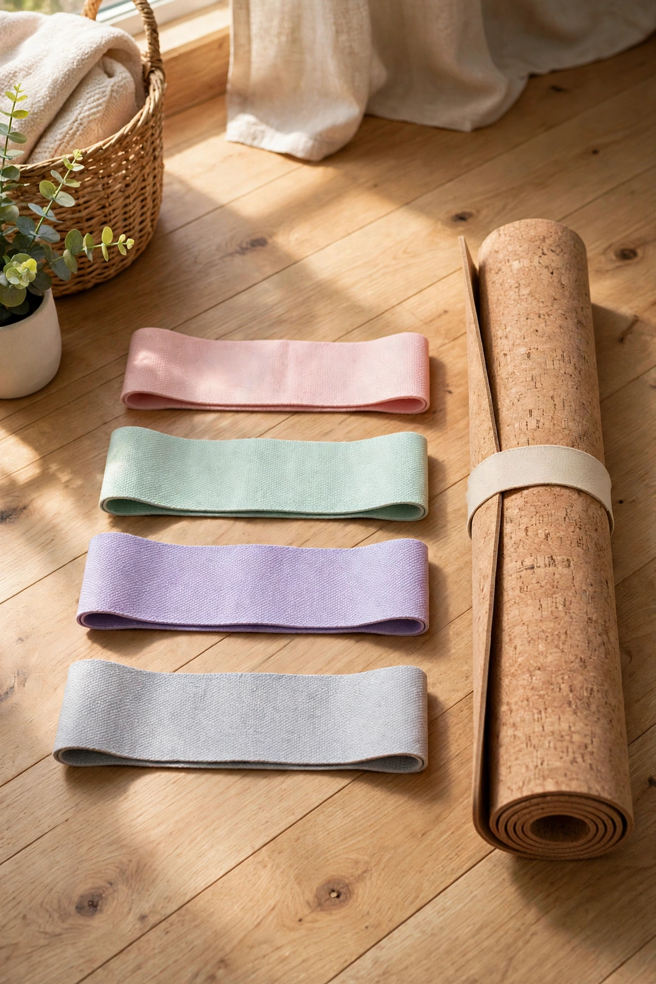 Fabric resistance loop bands in pastel colours beside a yoga mat