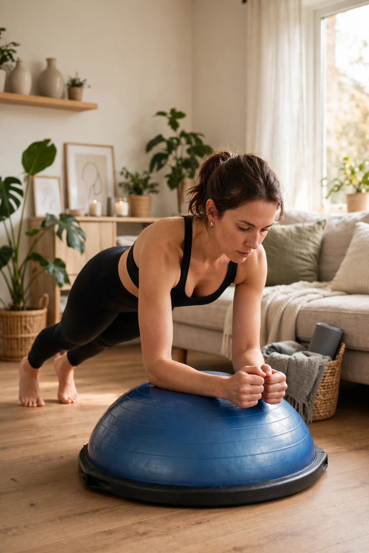 Blue half-ball balance trainer being used for a core workout