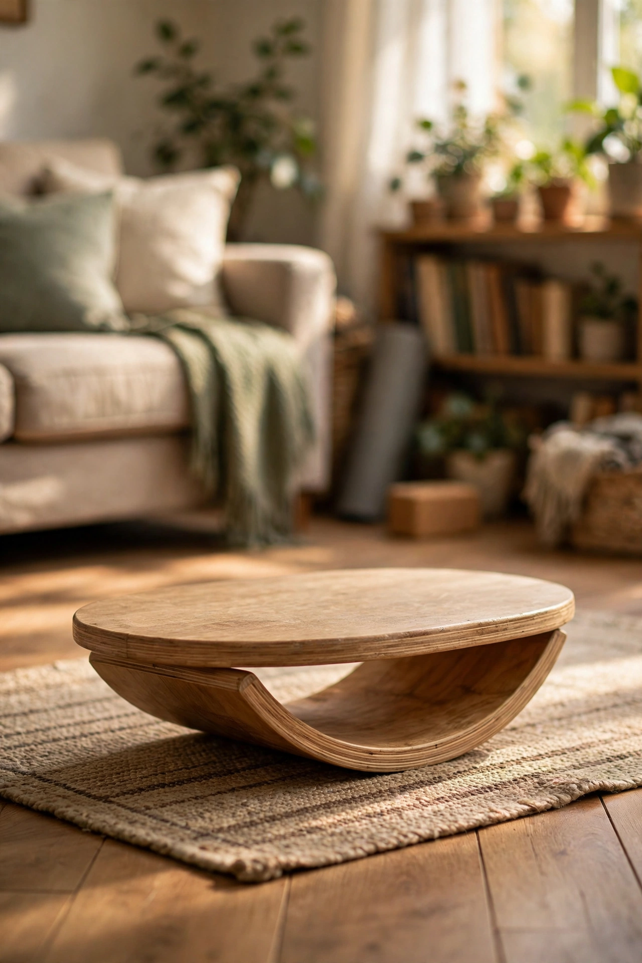 Wooden wobble balance board on a living room floor