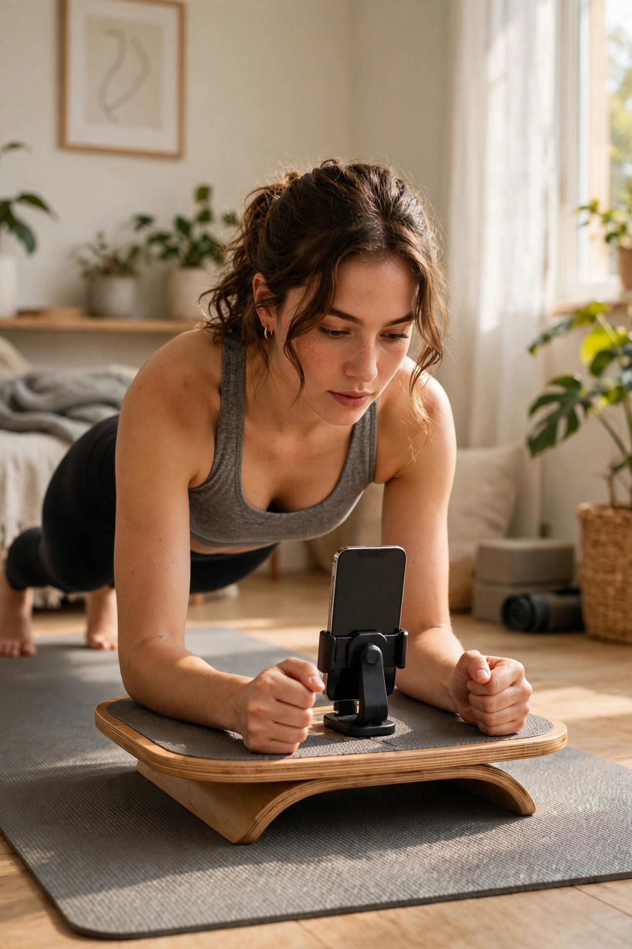Plank trainer board with a phone mounted in the centre