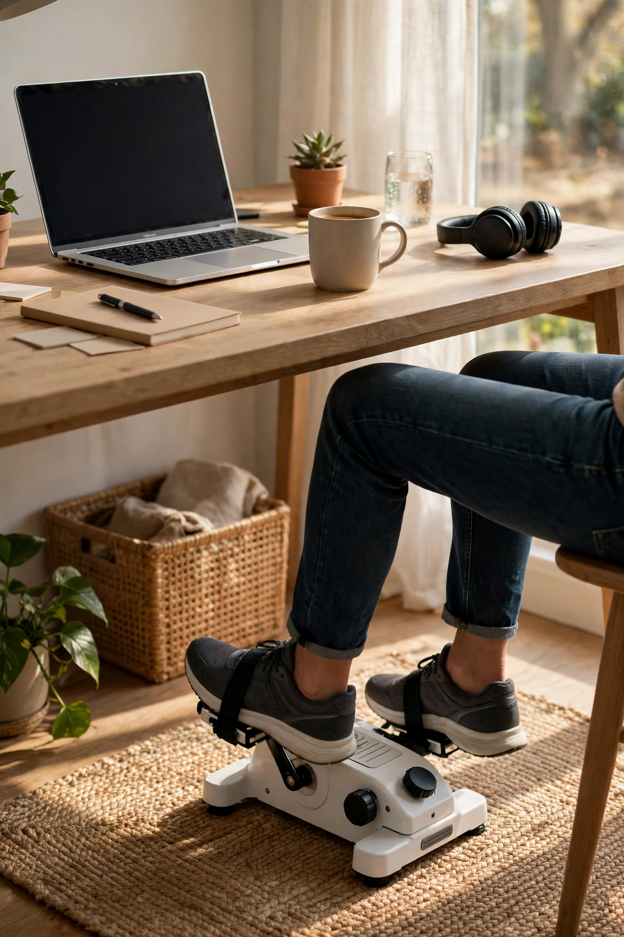 White under-desk pedal bike in use at a home office desk