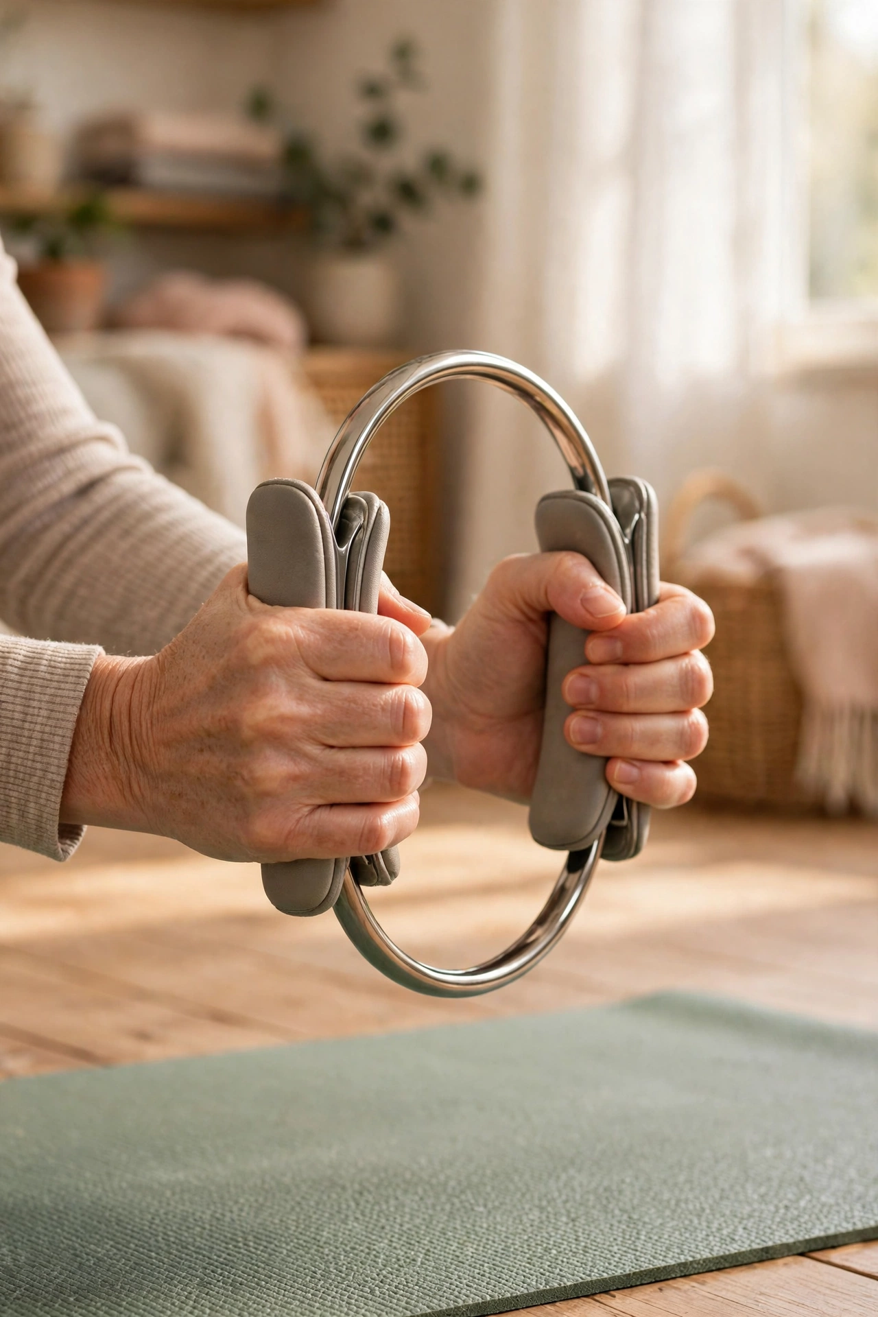 Pilates magic circle ring being squeezed between the hands